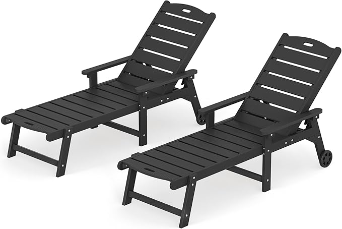 LUE BONA Outdoor Chaise Lounge Chairs Set of 2, HDPS Lounge Chair, 5 Positions Adjustable Pool Lounge Chairs, Patio Furniture Sets with Wheels for Poolside, Hotel, Restaurant, 3 Year Warranty, Black