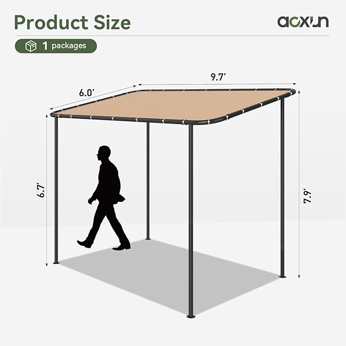 Aoxun 10x6 Lean to Gazebo Outdoor Pergola with Water Resistant & UV-Resistant, Wall-Mounted Canopy Sloped Roof Awning for Patio Backyard, Deck, or Garden Khaki