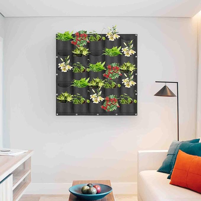 Hanging Planting Grow Bags, 25 Pockets Hanging Vertical Wall Planter Wall Mounted Grow Bag Outdoor Indoor Gardening Vertical Greening Flower Container, Planting Bags Storage Bags(1.0 m × 1.0 m, Black)