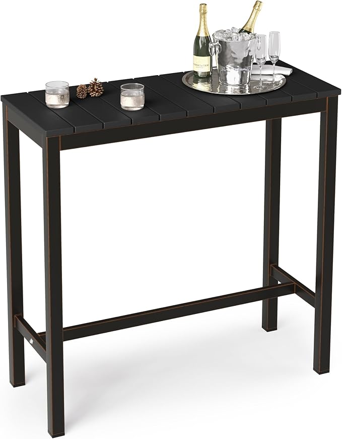 Outdoor Bar Table, 38" Patio Bar Height Counter Console Table, Black Waterproof HDPS Slatted Top and Bronze Leg, Weather Resistant, Hot Tub, Balcony, Yard, Indoor or Outdoor Use