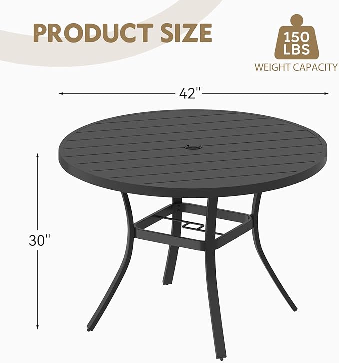 MELLCOM 42'' Round Outdoor Dining Table for 4, Metal Patio Dining Table with Umbrella Hole, All-Weather Black Table for Porch, Garden, Backyard, Poolside, Lawn