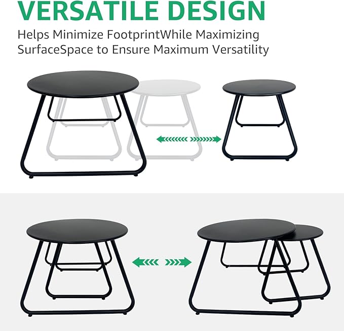 Patio Outdoor Coffee Table Set of 2, Weather Resistant Steel Round End Tables, Outdoor Nesting Table for Patio, Balcony, Bistro and Indoor, Black (Black)