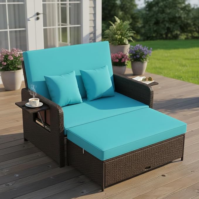 Tangkula Patio Rattan Daybed with 4-Level Adjustable Backrest, Outdoor PE Wicker Loveseat with Storage Ottoman & Folding Side Tray, Double Sunbed Lounger for Balcony, Backyard & Poolside, Turquoise