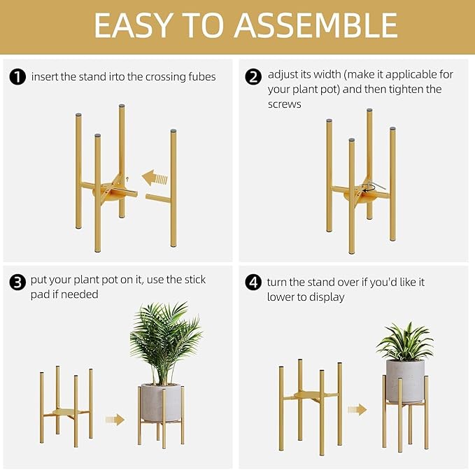 Plant Stand Indoor for 2 Height Options ,Mid Century Modern Outdoor Planter Holder,Corner plant stand Capacity of 160LB for 8 to 14 Inch Pots Golden with Round Plate 2 Pack
