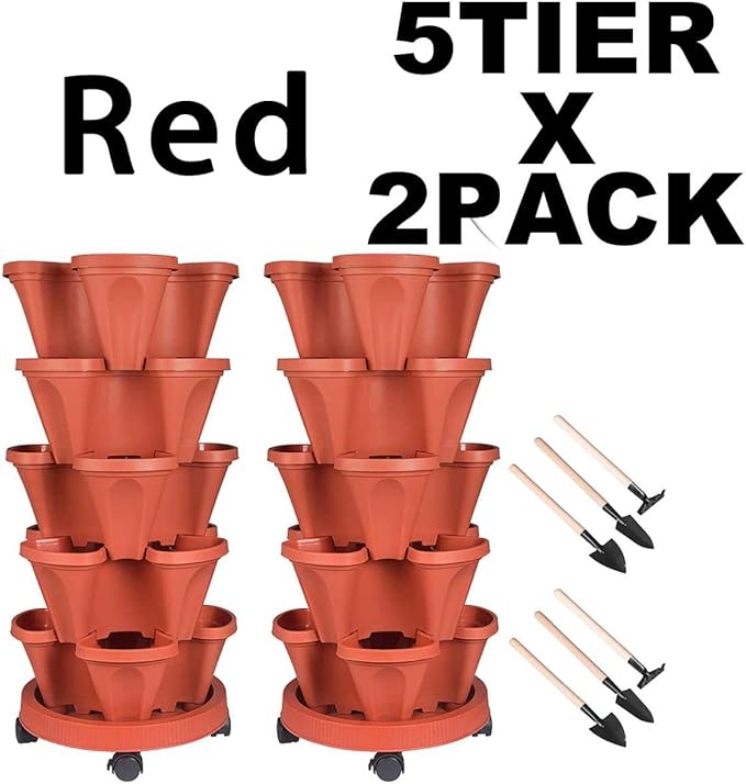 GameXcel Vertical Planter 5 Tier Stackable Planters Garden Planters Strawberry Herb Flower and Vegetable Planter Indoor Outdoor Gardening Pots with Removable Wheels and Tools 2-Pack