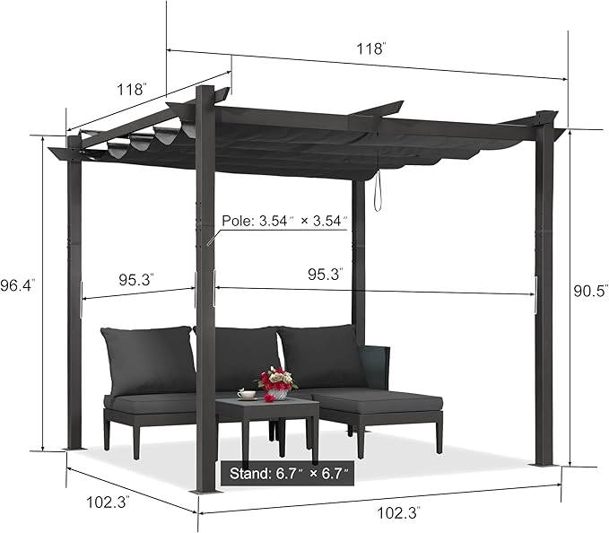 PURPLE LEAF Outdoor Retractable Pergola with Curtains 10' x 10' Patio Aluminum Pergola with Sun Shade Canopy for Backyard Deck Garden Modern Metal Pergola, Gray