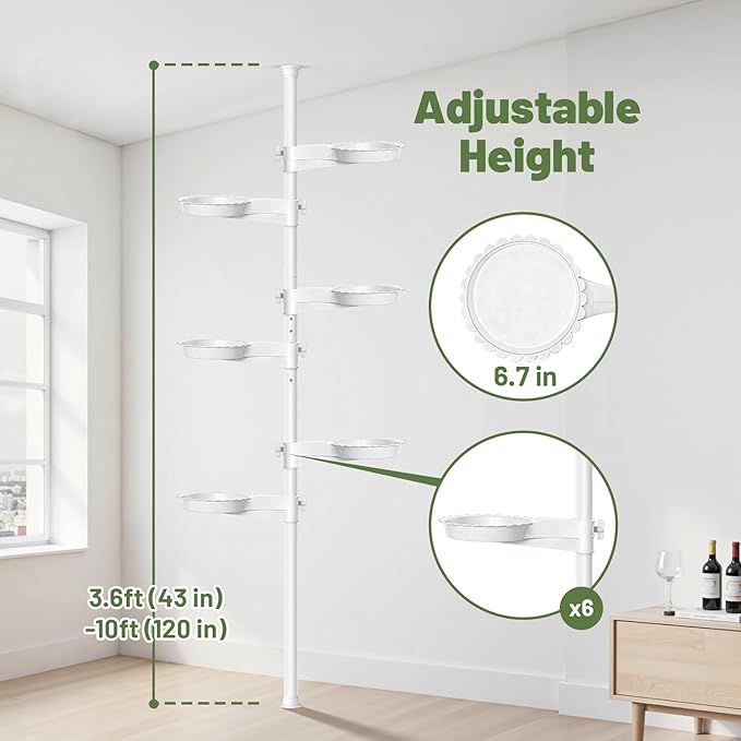Tension Rod Plant Stand, Plant Poles for Hanging Plants Indoor, 6 Tier Tension Pole Plant Hanger, Floor to Ceiling Plant Pole with 6 Trays Hanging Plant Stand, White