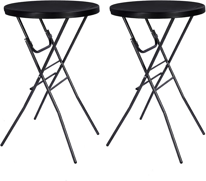 Cocktail Table 28in Folding Round High Top Indoor Outdoor with Removable Legs, Tall Bistro Foldable Bar Height Table for Parties, Patio, Backyard, Dining Room, Events, Black- 2PCS