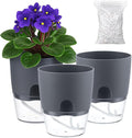 3 Pack Self Watering Pots for Indoor Plants, PlanterHoma 6 Inch Plant Pot Plastic Self Watering Planter for Orchid, African Violet, Small Clear Flower Pots with Drainage Holes and Wicking Rope, Grey