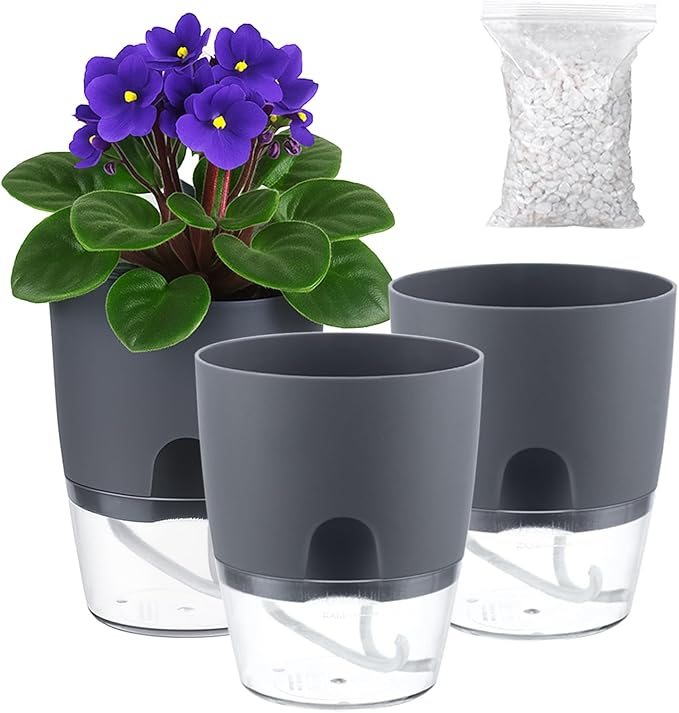 3 Pack Self Watering Pots for Indoor Plants, PlanterHoma 6 Inch Plant Pot Plastic Self Watering Planter for Orchid, African Violet, Small Clear Flower Pots with Drainage Holes and Wicking Rope, Grey