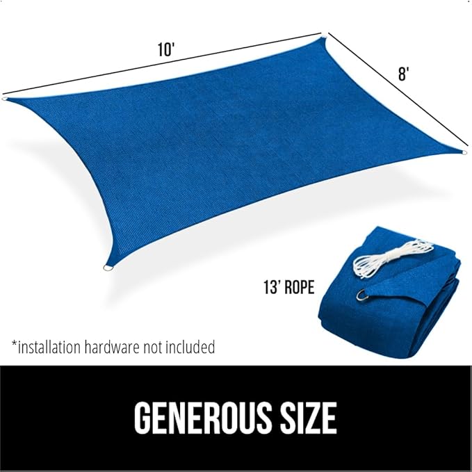GORILLA GRIP Heavy Duty Sun Shade, UV Protection Fade Tear and Rust Resistant Rectangle Sunshade Canopy, Curved Edges Blocks Sunlight, Breathable Sail, Outdoor Patio, Lawn Garden, 8x10 FT Blue