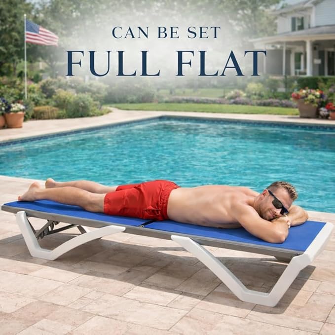 Kozyard Outdoor Chaise Lounge Chair, Full Flat Adjustable Patio Lounger with Aluminum Frame & Resin Legs, Textilene Fabric for Poolside, Backyard & Beach (NavyBlue, Chair with Table)