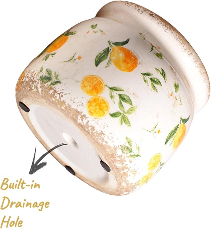 Lemon Summer Decor Plant Pot, 6 Inch Vintage Ceramic Planter with Drainage for Indoor Plants, Rustic Lemons Vase for Centerpieces, Mediterranean Kitchen Home Decor, Yellow Gifts for Gardening