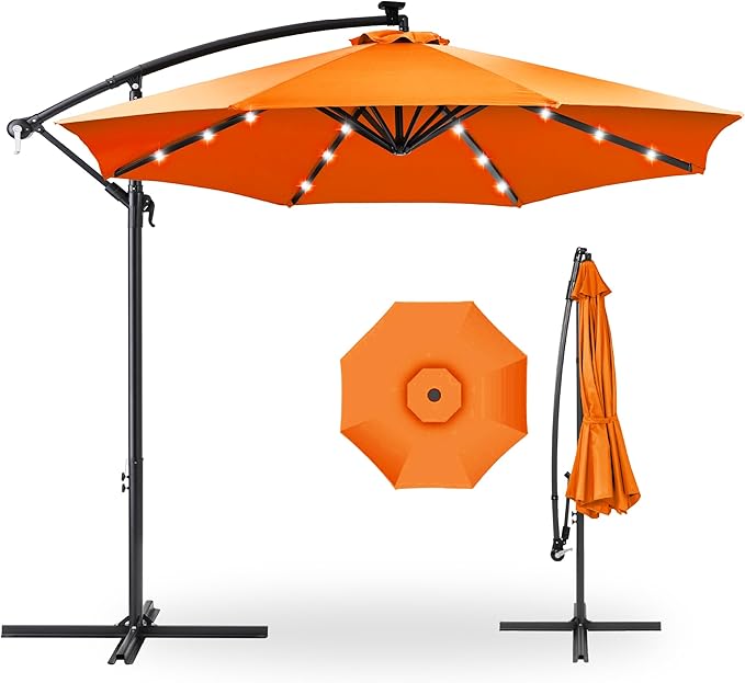 Best Choice Products 10ft Solar LED Offset Cantilever Hanging Market Patio Umbrella, 8 Sturdy Ribs, Easy Adjustment - Orange