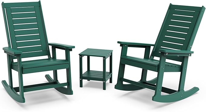 GREENVINES Outdoor Rocking Chair Set | 3-Piece | 2 Rocking Chairs with 1 Side Table | Porch Rocker | HDPE Plastic | Forest | Patio Furniture Sets | High Back | Big & Tall | Ladder Back