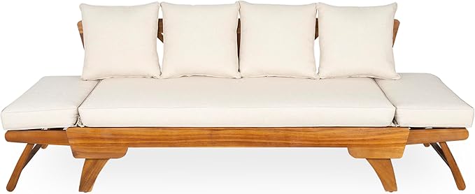 Christopher Knight Home Gary Patio Convertible Couch, Wooden Outdoor Daybed, 3-Seater Acacia Wood Patio Furniture Lounge Sofa for Backyard/Poolside/Garden, Back Pillow+Removable Cushion, Teak+ Beige