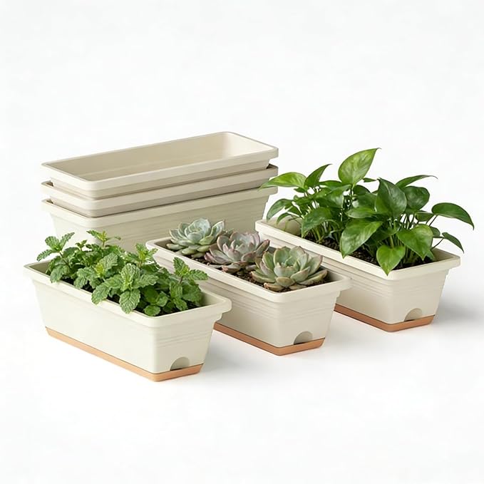 Window Box Planter, 6 Pack Plastic Vegetable Flower Window Planters Boxes 16 Inches Rectangular Flower Pots with Drainage Holes and Saucers (White)