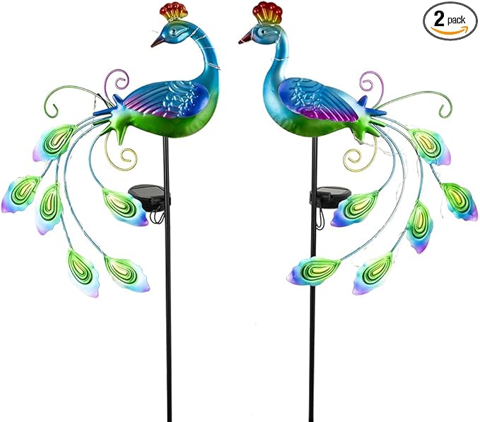 DREAMSOUL 2 Pack Metal Peacock Solar Lights Outdoor Waterproof LED Solar Lights, Decorative Garden Stakes for Yard Pathway Peacock Decor