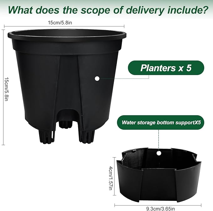 Cdd's Path 5-Pack 6 Inch Naked Root Planter Self Watering Pots Set with Holes for Indoor/Outdoor Plants, Planter Pot with Watering Hole/Reservoir and Air Pipes, Black