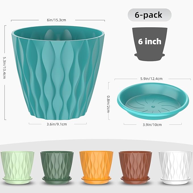 6 Pack 6 Inch Indoor Plant Pots with Drainage Holes, Outdoor Plastic Decorative Flower Pots, Garden Planters with Tray Saucers for Orchids, Violets, Succulents, Herbs, and Other Plants