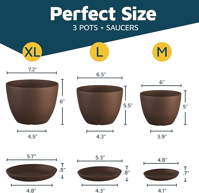 Brown Plant Pots with Drainage Holes & Saucers 3 Pack, Indoor & Outdoor Stackable Space-Saving Planters for Houseplants & Flowers, (7", 6.7", and 6" Inches), Durable & Weatherproof Materials