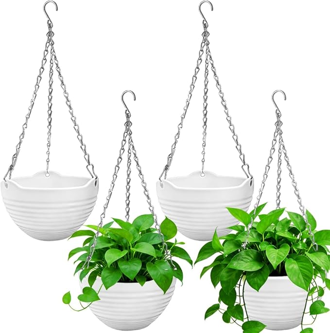 4 Pack 8 inch Hanging Planter Pots,Self-Watering Round Hanging Basket with Water Tray Metal Chain,Succulent Flower Plant Pot Container for Indoor Outdoor Garden Balcony Wall Decor,White