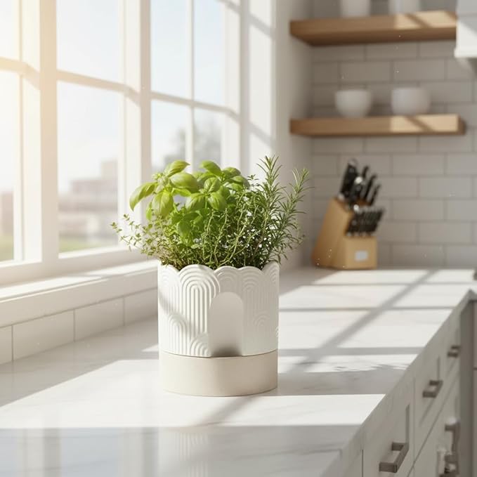 Nihow Self Watering Plant Pot for Indoor Plants with Wick: 8 Inch Ceramic Planter with Drainage Hole & Water Storage - Relief Design - Beige & Nature Flower Pot
