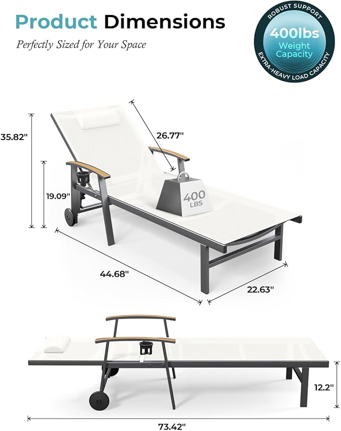 Ciokea Outdoor Lounge Chair with Pillow Set of 4, 5-Position Chaise Lounge with Wheels & Armrests, 400 lbs Heavy Duty Aluminum Pool Lounge Chairs, for Beach, Deck, Poolside & Backyard, White