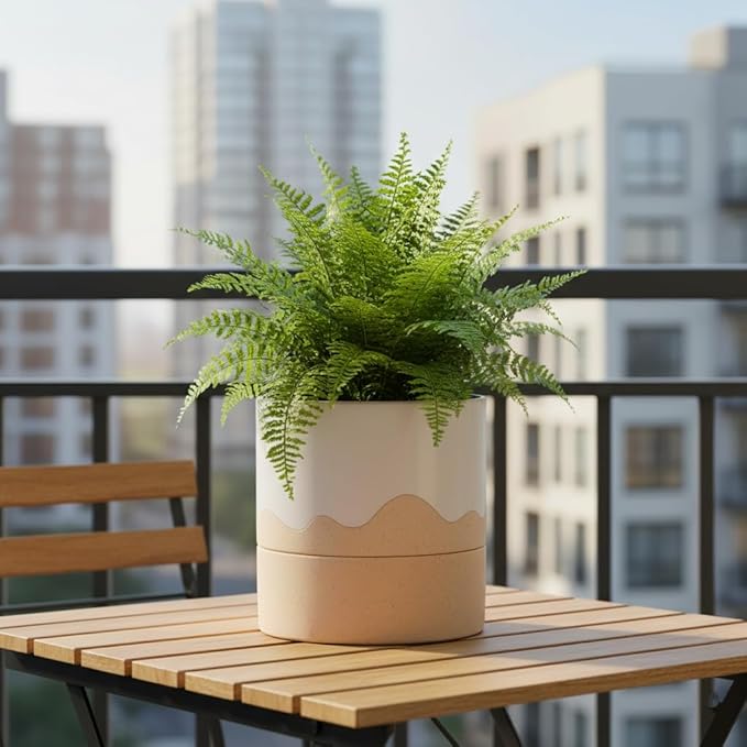 Nihow Self Watering Plant Pot: 6 Inch Ceramic Planter with Drainage Hole & Water Storage Plus for Indoor & Outdoor Plants - Cylinder Round Flower Pot for Succulent/Herbs/Violets - White & Nature