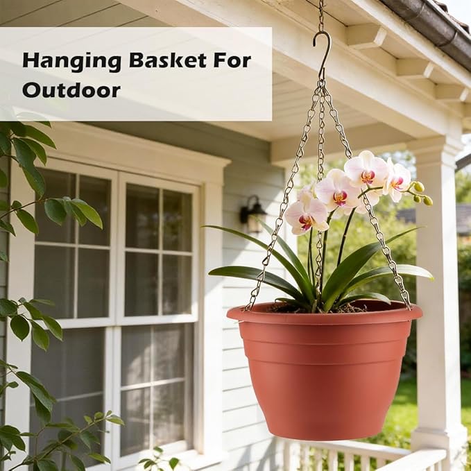 Hanging Planters 10 Inch, 4 Pcs Flower Pots with Drainage Hole, Self Watering Hanging Basket for Indoor Outdoor Plants, Decor, Pottery Red