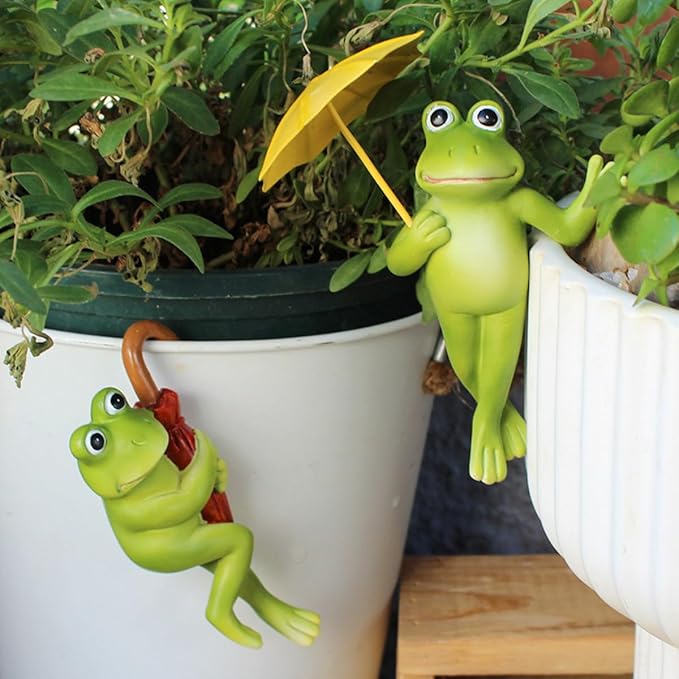 Set of 2 Funny Frog Statues Outdoor Flower Pot Hugger, Resin Hanging Frog Figurines Cute Climbing Animals Sculpture Plant Pot Decorations for Home Garden Patio Lawn Yard Ornaments (Holding Umbrella)