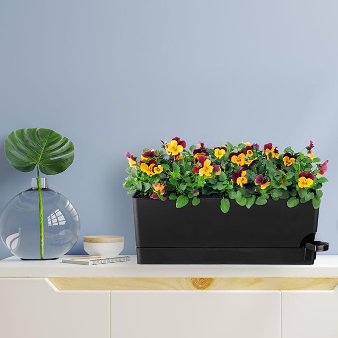 Self Watering Pots for Indoor Plants 17 Inches Window Boxes Planters Rectangular Flower Pots Rectangle Herb Pots Large Plant Pots with Drainage Holes and Saucers Windowsill Planter (4, Black)