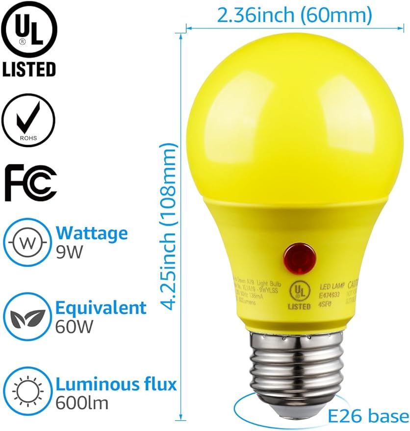 TORCHSTAR Yellow Dusk to Dawn Light Bulbs Outdoor, Sensor A19 LED Light Bulb, Auto On/Off Photocell Automatic for Outdoor Lighting, UL FCC DOE, 2700K, Pack of 4