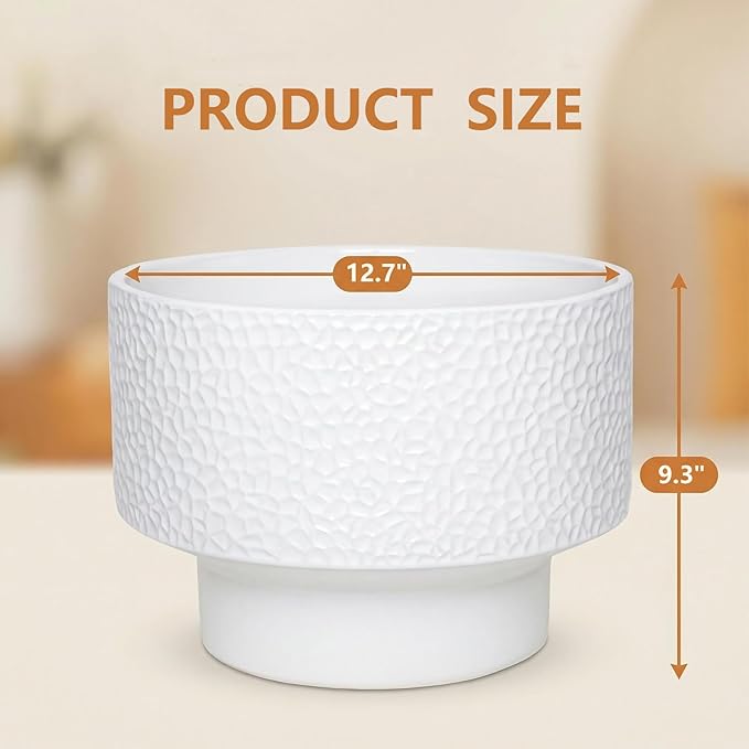 13 Inch Ceramic Plant Pots, Planter Pot with Drainage Hole, Honeycomb Ceramic Flower Pot Outdoor Indoor, Large Modern Decorative Planters for Home/Office Plants, White
