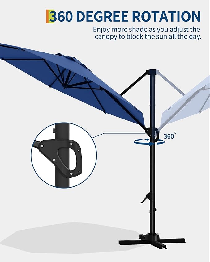 GarveeLife 10FT Patio Umbrella Outdoor Large Cantilever Umbrella Market Sun Shade Windproof Offset Umbrella with 360-Degree Rotation for Garden Deck Pool Patio, Navy Blue