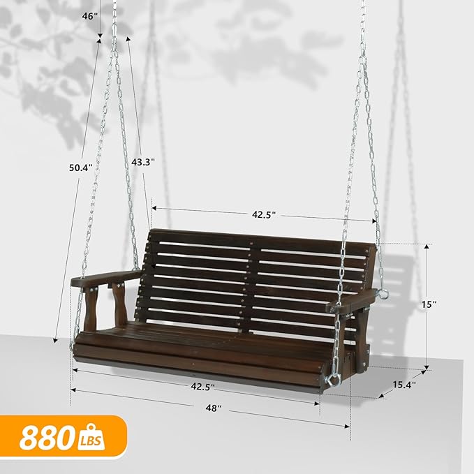 VINGLI Upgraded Patio Wooden Porch Swing for Courtyard & Garden, Heavy Duty 880 LBS Swing Chair Bench with Hanging Chains for Outdoors (Rustic, 4 FT)