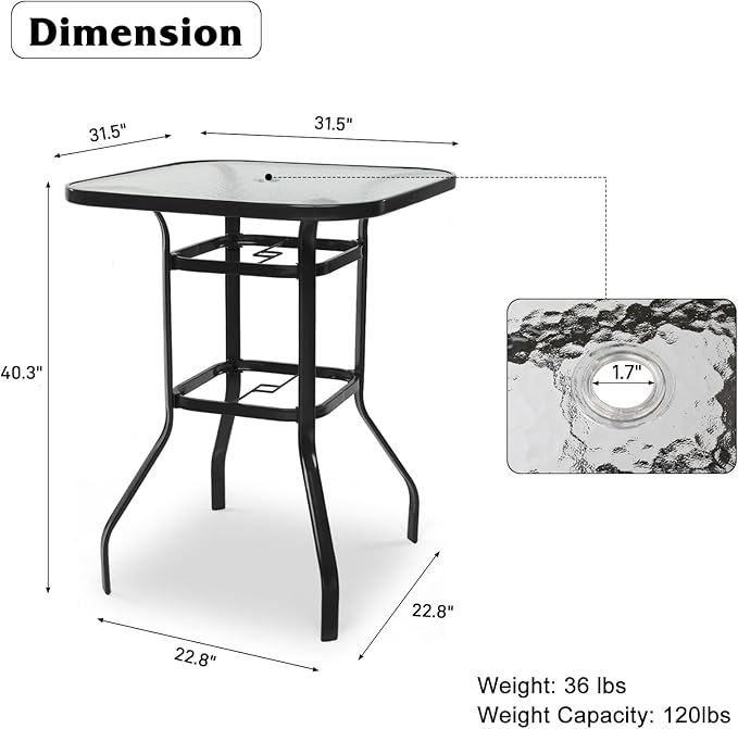 VINGLI Outdoor Bar Table with Umbrella Hole, Modern Black Metal Patio Bar Table, High Top Table for Outdoor Relaxation and Home Entertaining (Black, 31.5'x31.5'x40.3')