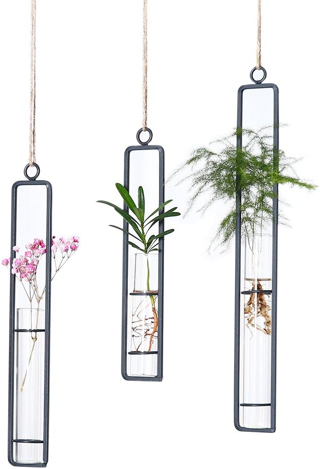 Aoderun Hanging Glass Planter Water Iron Art Hydroponic Vase Transparent Test Tube Flower Hanging Bottle Home Decoration (3pcs-S,M,L)