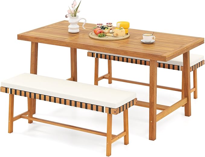 Tangkula 3 Piece Patio Dining Set for 4 People, 63” Outdoor Acacia Wood Rectangular Table with 1.97” Umbrealla Hole & 2 Cushioned Bench, for Deck Yard and Poolside