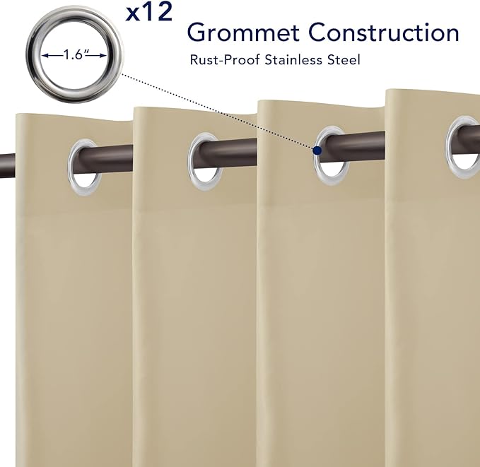 PureFit Outdoor Curtains for Patio Waterproof Weatherproof, UV Resistant Outside Curtains for Gazebo, Front Porch, Pergola, Sun Blocking Privacy Curtain, 100W x 108L inch, 1 Panel, Beige