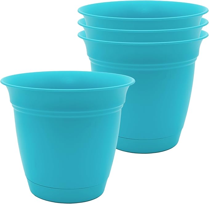 The HC Companies 8 Inch Eclipse Round Planter Pots with Drainage Holes & Attached Saucer, Lightweight UV-Resistant Plastic Indoor & Outdoor Planters, 4-Pack Flower Pots for Garden & Home Decor, Teal