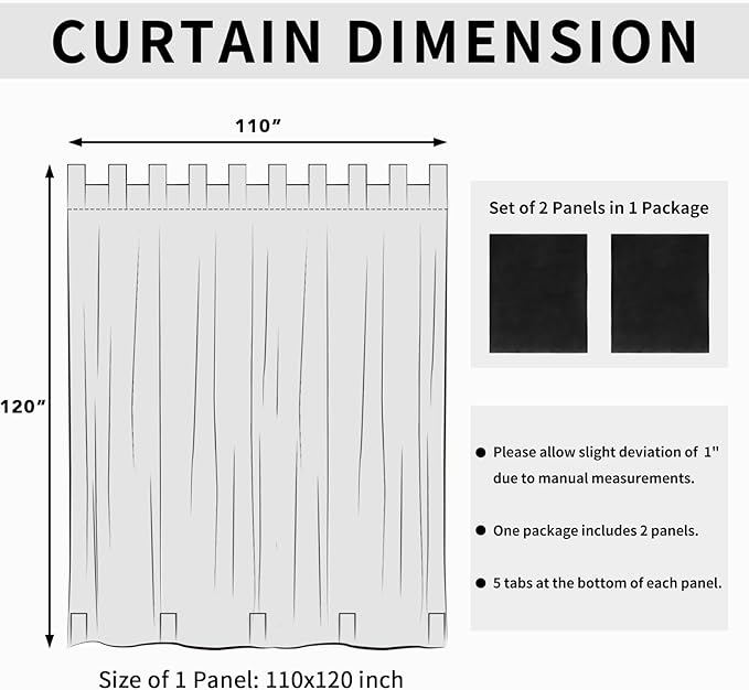 Easy-Going Outdoor Patio Curtains Detachable Tab Top Windproof Weatherproof Curtain for Cabana, Porch, Pergola and Gazebo, Tab Bottom Drape, 2 Panels, 110W x 120L inch, Black