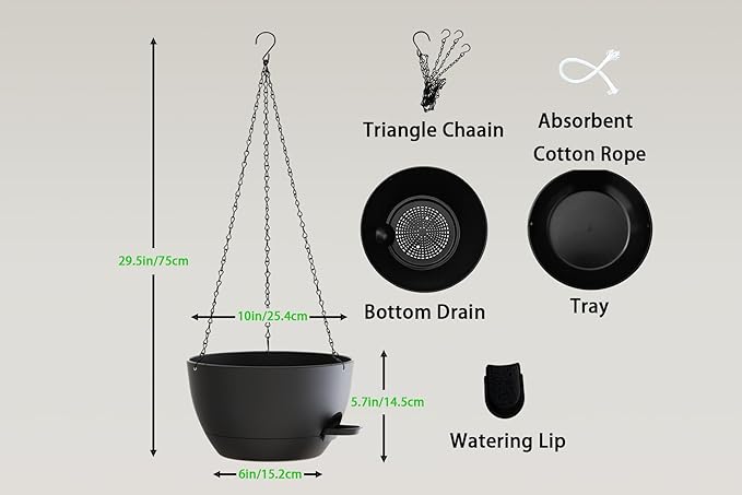 Hanging Planters, 3-Pack 10 Inch Self-Watering Pots with Drainage Holes and Chains, Matte Plastic Planters for Indoor/Outdoor Plant（Black）