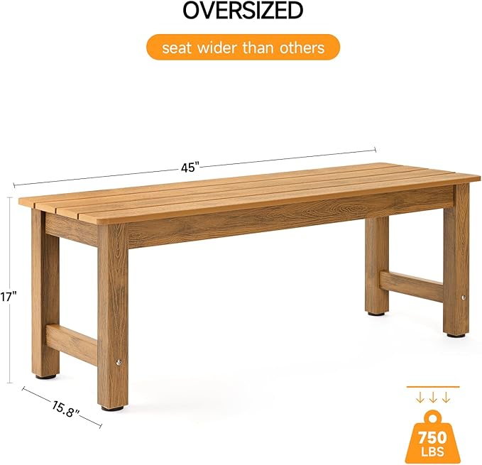 ONBRILL Outdoor Benches Weatherproof, 2-Person Poly Lumber Garden Bench, All-Weather Patio Bench Will not Rot and Fade for Garden, Porch, Backyard and Park, Easy Installation, Teak