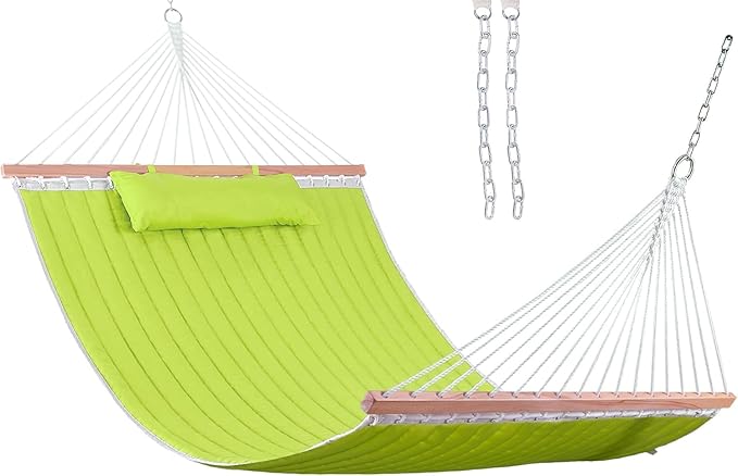 Lazy Daze Hammocks 12 FT Double Quilted Fabric Hammock with Spreader Bar and Detachable Pillow, Two Person Hammocks, 450lbs Weight Capacity (Light Green)