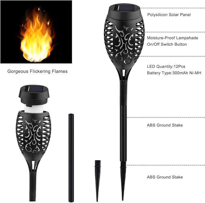 Kurifier 12Pack Flickering Flame Solar Torch Lights for Garden Decor, Waterproof Solar Lights Outdoor Decorative, Garden Outdoor Decorations for Yard Porch Lawn Patio Outside Decor-Luces Solares