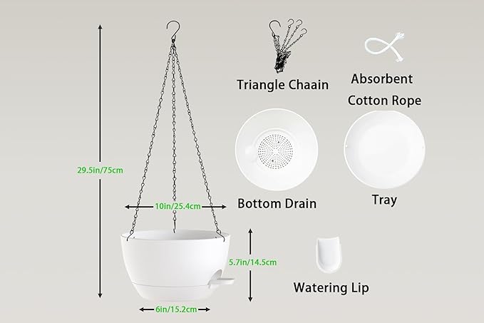 Hanging Planters, 3-Pack 10 Inch Self-Watering Pots with Drainage Holes and Chains, Matte Plastic Planters for Indoor/Outdoor Plant（White）