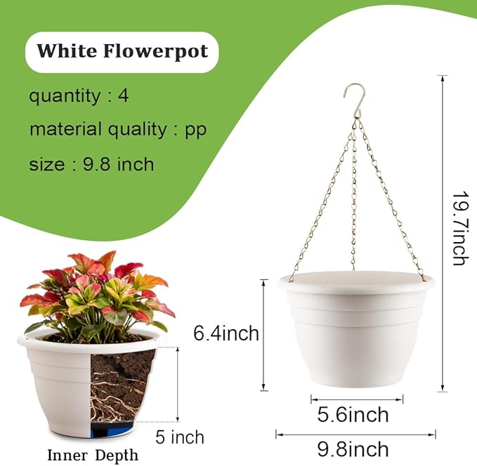 Hanging Planters 10 Inch, 4 Pcs Flower Pots with Drainage Hole, Self Watering Hanging Basket for Indoor Outdoor Plants, Decor, White
