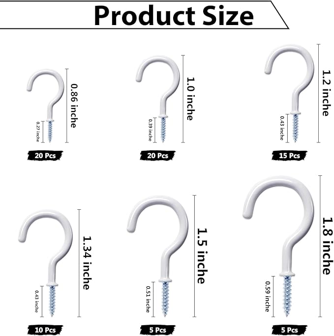 75 Pcs Ceiling Hooks for Hanging Plants, Cups, Utensils Vinyl Coated Screw-in Mug Hooks for Wooden and Drywall–Multi Size Sets (1/2 inch,5/8 inch,3/4 inch,7/8 inch,1 inch,1-1/4 inch)