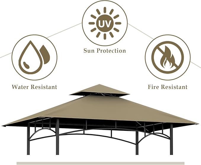 Grill Gazebo Replacement Top, 5 * 8 Outdoor BBQ Top Cover, Double Layer BBQ Gazebo Top Canopy for Model #L-GG001PST-F (Khaki)